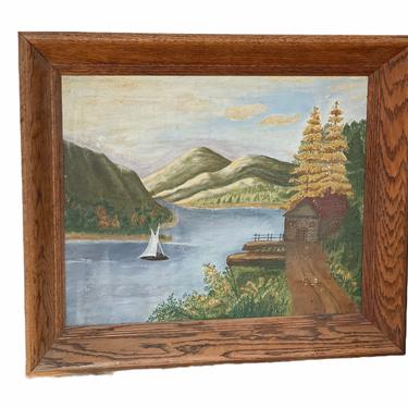 Very Vintage Scenic Lake Cottage Painting Mid Century Modern Retro Deco Victorian Primitive signed framed Patina Seattle Wyoming Kansas 