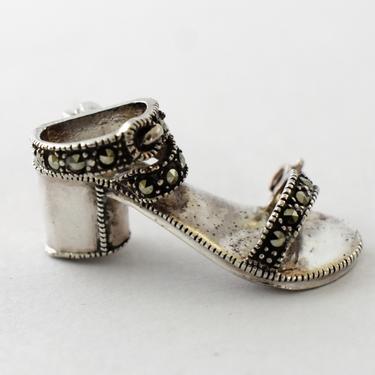 80's sterling marcasite chunky heel sandal novelty brooch, 925 silver pyrite disco fabulous dark bling kitsch shoe pin 