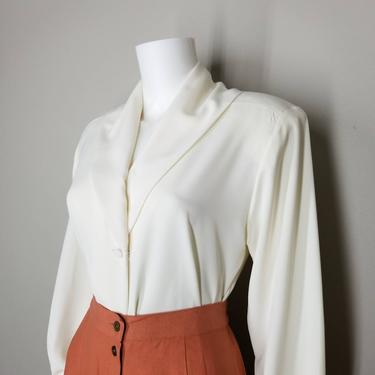 Vintage White Button Blouse, Medium / Ivory Pinup Style Dress Blouse / Silky Shawl Collar Blouse / Womens Long Sleeve White Cocktail Blouse 