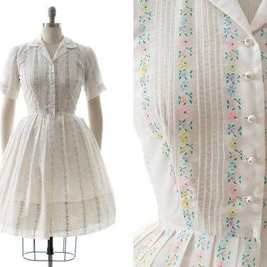 Vintage 1960s Shirt Dress | 60s Floral Striped White Cotton Blend Fit and Flare Shirtwaist Swing Dress (medium) 