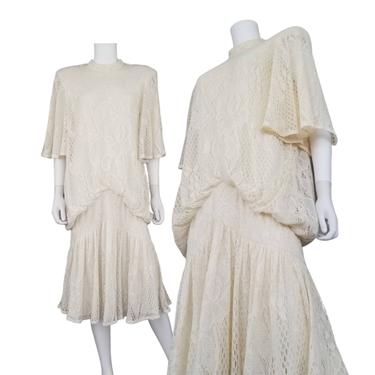 Vintage Knit Flapper Dress, Medium Large / Ivory Knit 1920s Style Dress / Drop Waist Angel Sleeve Dress / Sheer Art Deco Cocktail Dress 