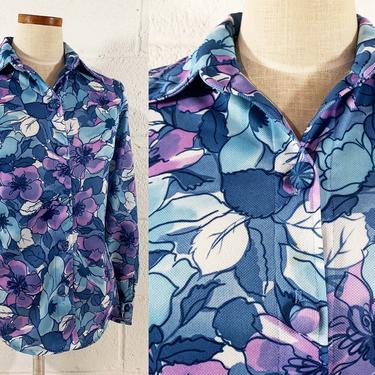 Vintage Floral Shirt Button Front Long Sleeve Top Pointed Collar Blouse Blue Purple White 70s 1970s Small Medium 