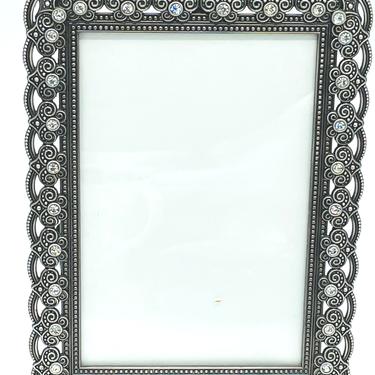 Vintage Rhinestone Pewter Metal Silver PICTURE FRAME Art Deco Style Decorative Jewels 6 X 7.5 