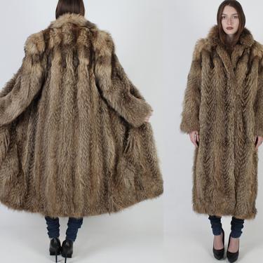 Full Length Tanuki Fur Coat / Long Shaggy Brown Fur Coat / Vintage 80s Warm Feathered Shawl Collar Maxi Jacket 