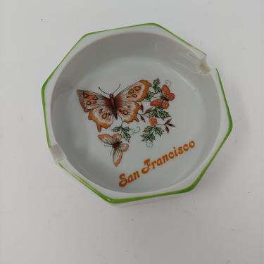 Vintage 70s San Francisco Butterfly Print Porcelain Ash Tray - Seventies Ceramic 420 Ash Tray 