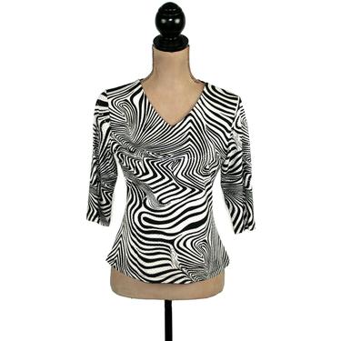 90s Mod Psychedelic Swirl Print Blouse Small Medium, Sparkly Black & White Zebra Stripe Shirt, Op Art Top 3/4 Sleeve, 1990s Clothes Women 