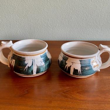 Vintage John Schulps soup mugs / set of 2 California pottery bowls / signed midcentury wax resist 