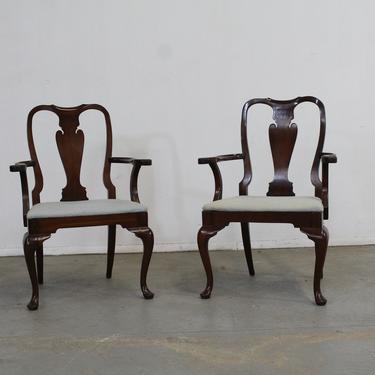 Pair of Reproduction Queen Anne Solid Mahogany Arm Dining Chairs 