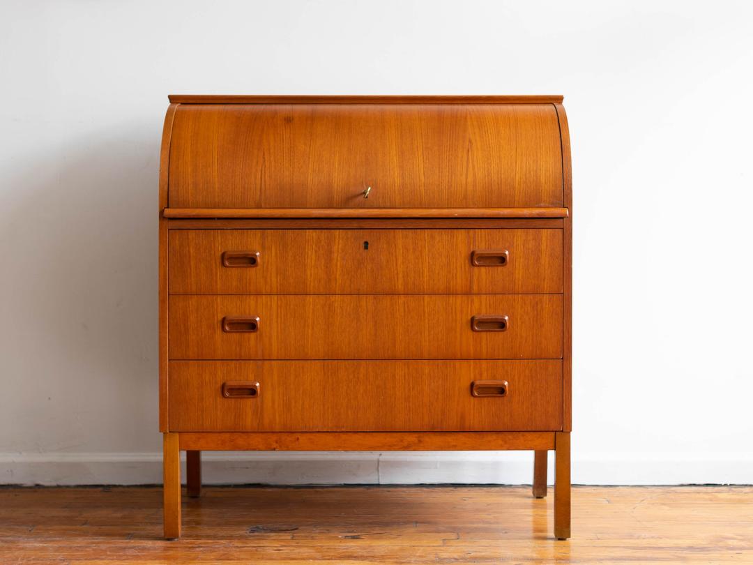 FREE SHIPPING Vintage MCM Teak Roll Top Secretary Desk, Scandinavian