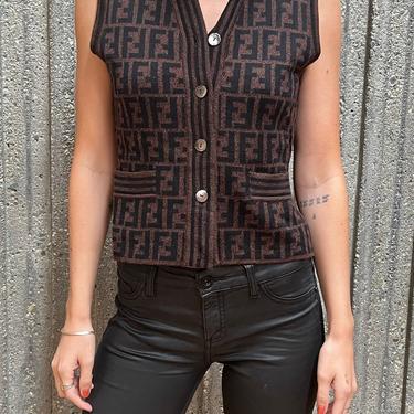 Vintage FENDI FF Zucca Print Monogram Womens Knit Brown Black Vest IT 38 