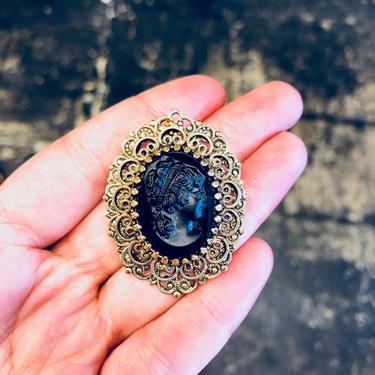 Vintage Cameo, Cameo Brooch, Cameo Pendant, Necklace, Black Cameo, Vintage Jewelry, Gold Toned Jewelry, Victorian Cameo, Gold and Black, 