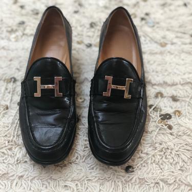 Vintage HERMES H Logo Black Leather Loafers Heels Driving Shoes, Moonstone  Vintage