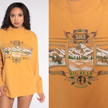 Ski Big Bear Shirt Mountain Shirt 90s Graphic Tee Skiing Shirt California Top Mock Neck 1990s Long sleeve Vintage Mustard Extra Large xl 