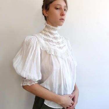 Antique Victorian White Cotton and Lace Blouse/ Maternity Blouse/ High Neck with Wire Stays/ 1900s 1910s/ XS 