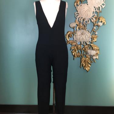 1980s catsuit, plunging neckline, black leotard, vintage catsuit, sleeveless, stirrup pants, petite medium, Azura basics, dance wear, deep v 