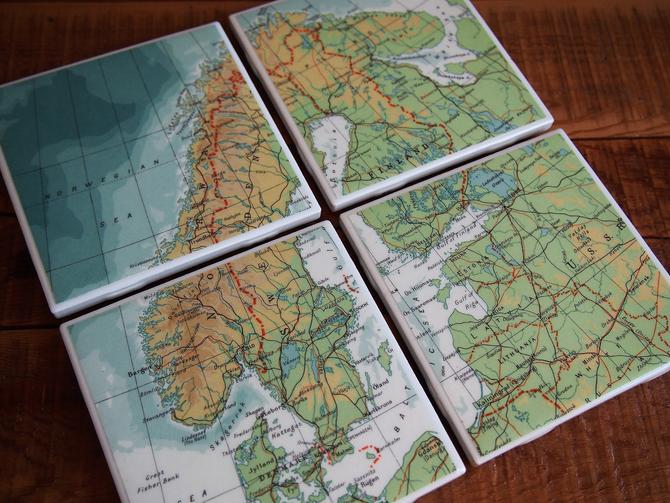 1963 Scandinavia Vintage Map Coaster Set Of 4 Ceramic Coasters Vintage Norway Map Sweden Finland Map Denmark From All Mapped Out Of Washington Dc Attic