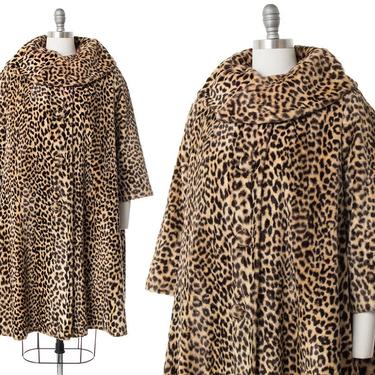 Vintage 1950s 1960s Swing Coat | 50s 60s Leopard Print Faux Fur Animal Print Coat (x-large) 