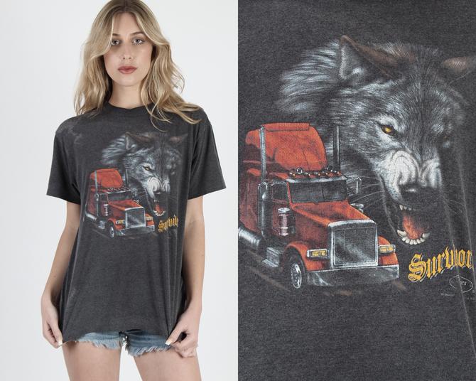 Truckers Only Survivors T Shirt Vintage 80s 3D Emblem Wolf