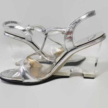VINTAGE 60s Space Age Metallic Silver Clear & Lucite Wedge Heel Shoes | 1960s MCM T-Strap Cinderella High Heel Sandals | O'connor Goldberg 