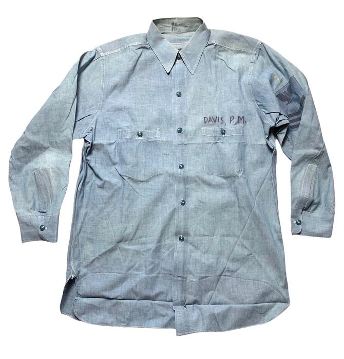 60s Vintage WWII Korean War Denim Chambray Military Army Navy Button Uniform shops Shirt