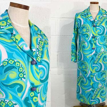 Vintage Psychedelic Green Dress Blue Button Front Housecoat Mod Long Sleeve Boho Festival Party Shift 1960s 60s Large 