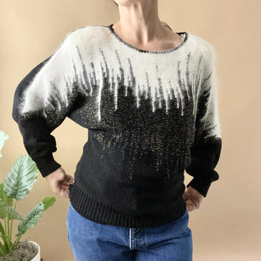 Vintage 80's Black and White Angora Blend Batwing Sweater, Size Small 