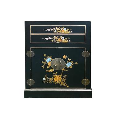 Chinese Oriental Black Vinyl Flower Birds Side Table Nightstand cs6195E 