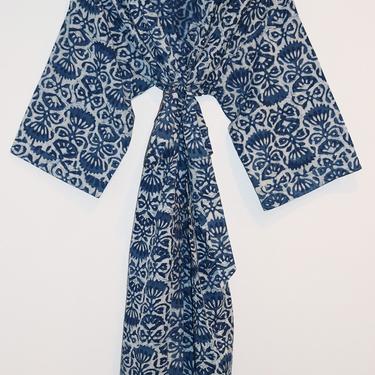Hand Block Printed Kimono, Long Dressing Gown, Cotton Kimono, Wood Block Print, Lightweight Cotton Robe, Coverup, Natural Indigo Kimono Robe 