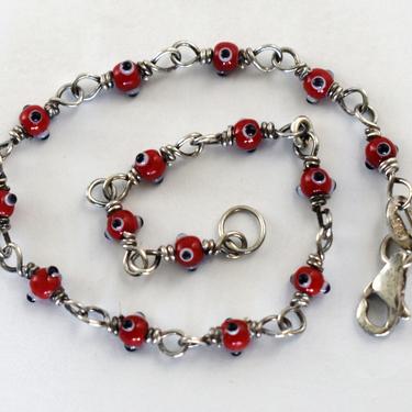 70's glass 925 silver Malocchio eye of god hippie bracelet, little red evil eye beads sterling links stacker 