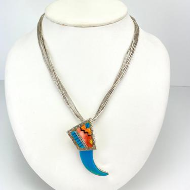 Vintage Navajo Turquoise Spiny Oyster Inlay Bear Claw Sterling Silver Necklace 
