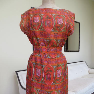 Vintage 1960's Orange Silk Print Wiggle Sheath Dress Gigi Young 30&amp;quot; Waist Medium 