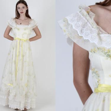 Vintage 70s Calico Chiffon Dress / Country Floral Garden Bridal Gown / Historical Period Maxi Dress 