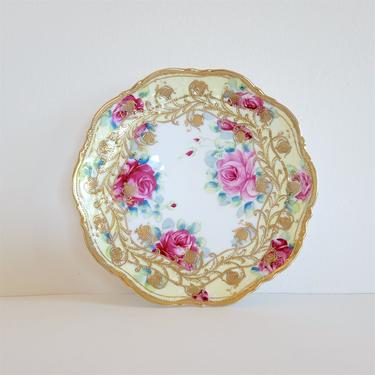 Antique Porcelain Plate with Hand Painted Roses and Gold Moriage, Vintage Morimura Nippon 