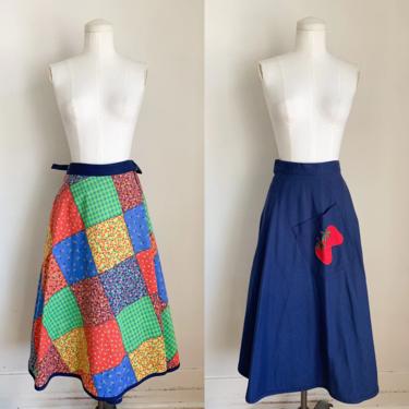 Vintage 1970s Reversible Patchwork / Strawberry Wrap Skirt / 25-26" waist 