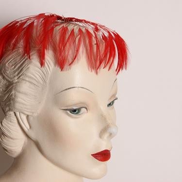 1950s Red Feather and Rhinestone Fascinator Hat 