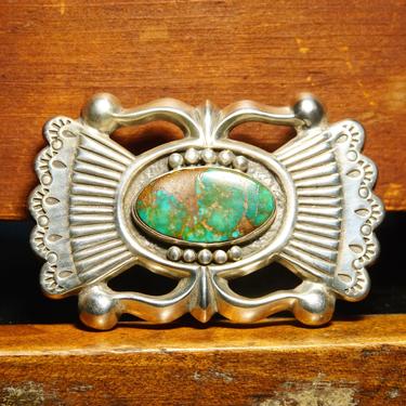 Vintage Hallmarked Native American Sterling Silver Turquoise Belt Buckle, Zuni Artisan Art Acoya, Sandcast Silver, Old Pawn, 2 7/8&quot;W 