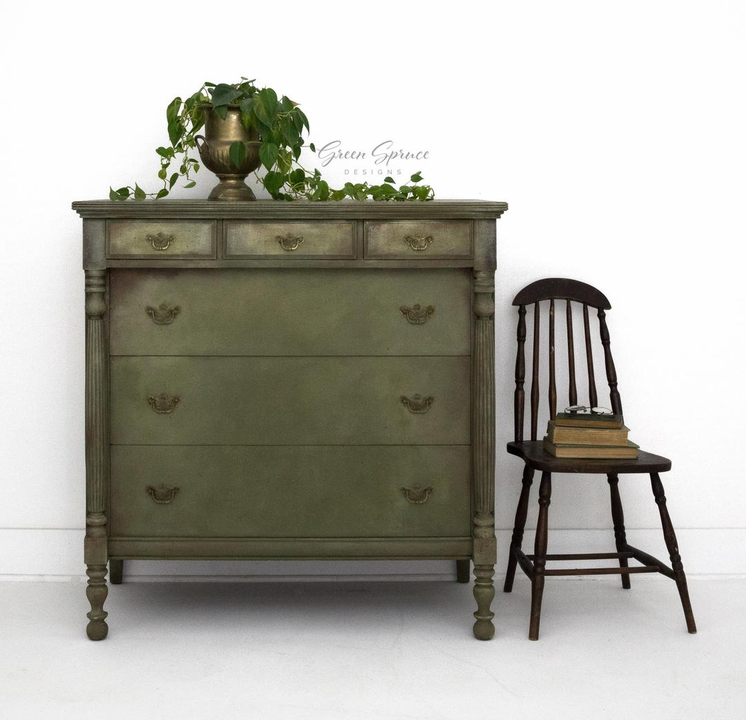 Hand Painted Six Drawer Antique Dresser Sage Green Vintage Bureau