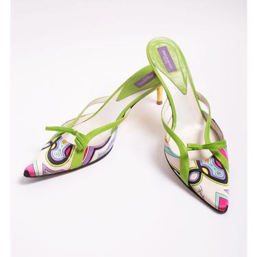 Vintage Emilio Pucci Abstract Print Satin Kitten Heel Mules with Gold Heels + Lime Green Leather Bows sz 39 8.5 9 Y2K 