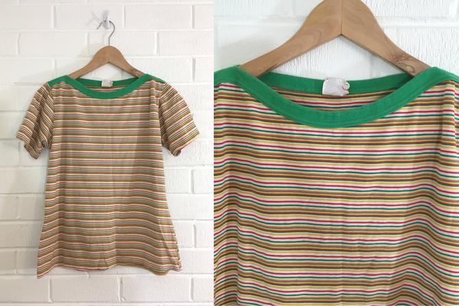 Vintage Striped Top 70s White Green Yellow Red 1970s Summer Shirt