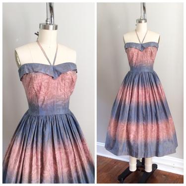 50s Pink &amp; Blue Ombré Cotton Sun Hawaiian Dress / 1950s Vintage Novelty Print Dress / Small / Size 4 