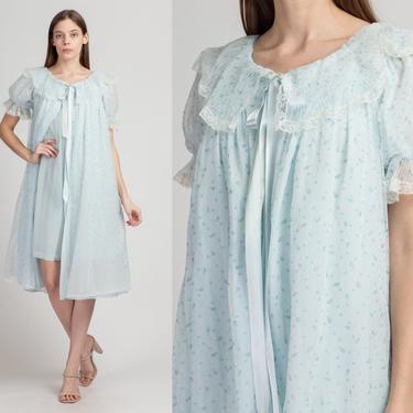 60s Blue Floral Puff Sleeve Peignoir - Small | Vintage Trillium Peter Pan Collar Lace Bed Jacket 