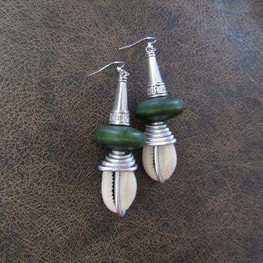 Bold cowrie shell earrings, unique modern dangle earrings, Afrocentric African earrings, statement bold earrings, wire wrapped silver 