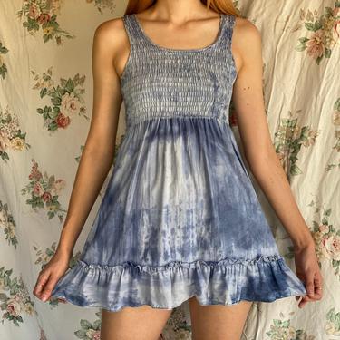 60's Mini Dress / Indigo Tye Dye Ruched Dress / Mini Skater Dress / Sleeveless Cotton Summer Dress / Sixties Denise are here Label 