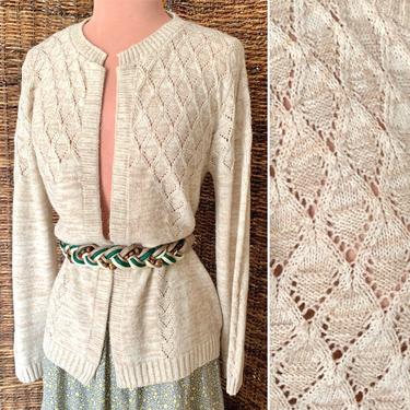 Vintage Cardigan Sweater, Open Weave, Bolero Style, Tan and White, Size S-M 