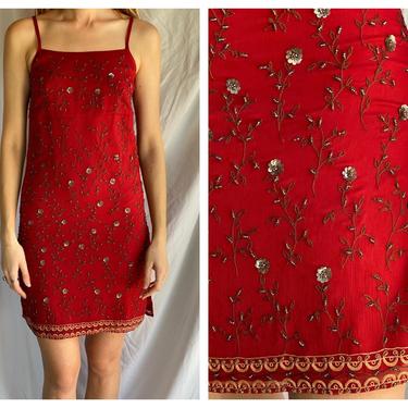 90's Beaded Slip Dress / Mini Rayon Dress / Rayon Floral Beaded Indian Easy Dress / Open Back / Strappy Dress / Date Night Dress 