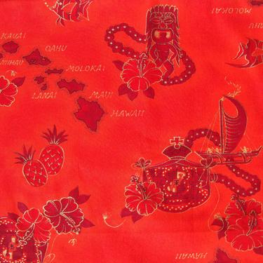 Vintage Hawaiian Fabric Red Tiki Polynesian Novelty Print 3 Yds 