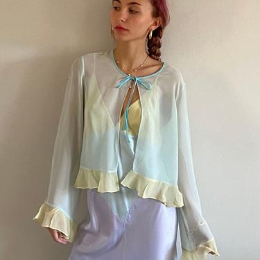 90s sheer silk chiffon blouse / vintage baby blue pastel silk chiffon ruffled bell sleeve tie neck open front sheer blouse bed jacket | M 