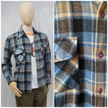 Vtg 80s Golden Line Grey Blue Plaid Flannel Shirt / Wool