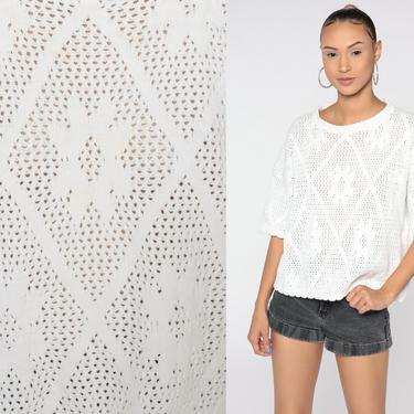 White Crochet Top Sheer Boho Blouse 90s Short Sleeve Sweater 1990s Vintage Cut Out Knit 1990s Hippie Bohemian Extra Large xl 