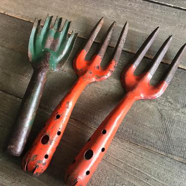Retro Garden Tools, Green Orange Metal, Mid Century Hand Tools, Planting, Gardening, Farmhouse 